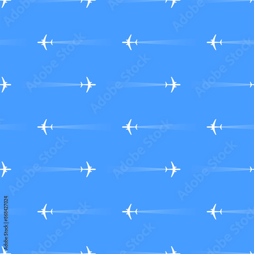 Beautiful small white planes against the blue sky. Seamless pattern, print, vector illustration