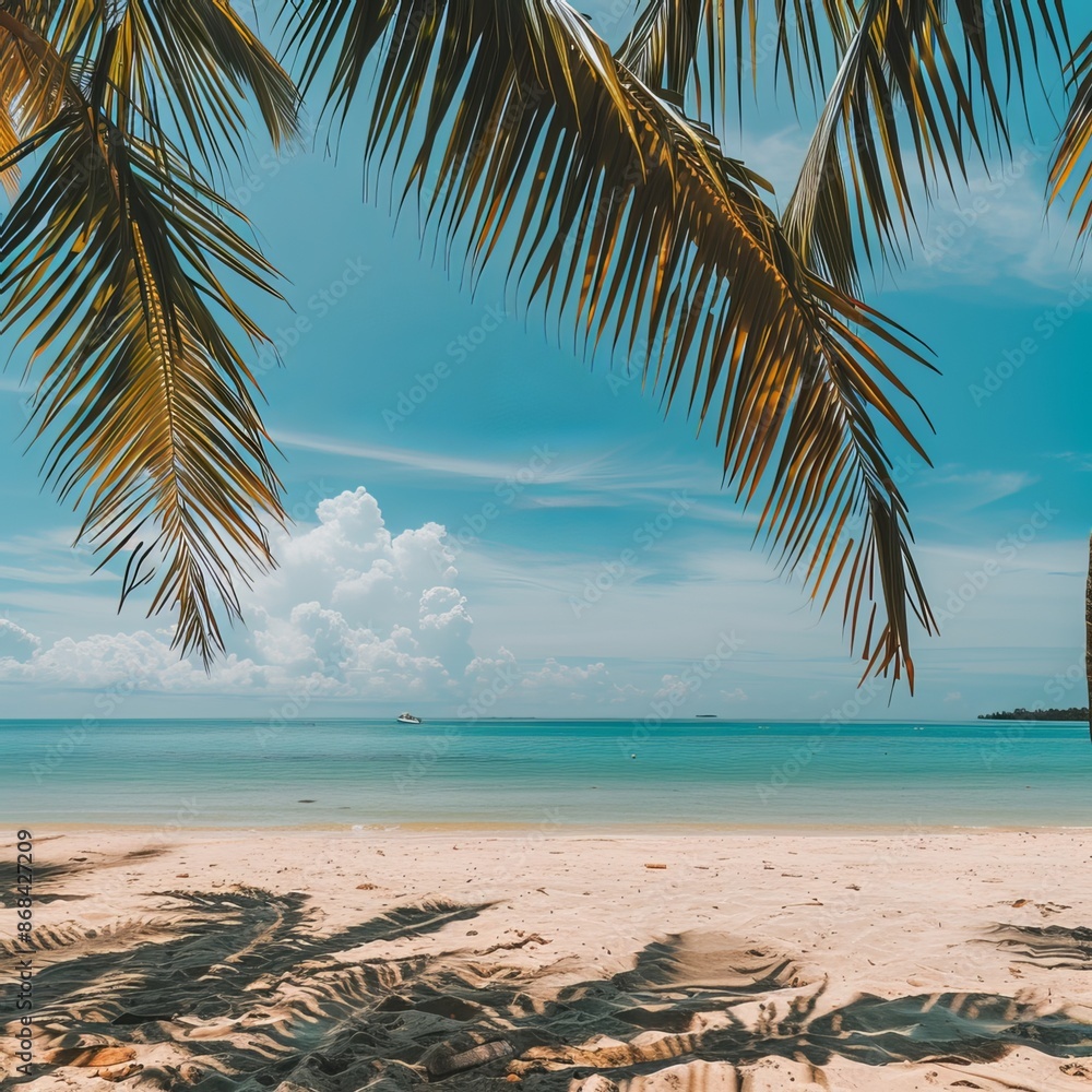 Fototapeta premium Summer travel poster banner display podium with sand and summer beach scene design background. Generative AI