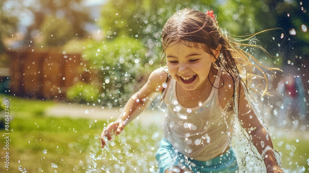 Obraz premium Funny laughing little girl running though garden sprinkler playing with water splashes in the backyard on a sunny hot summer vacation day.