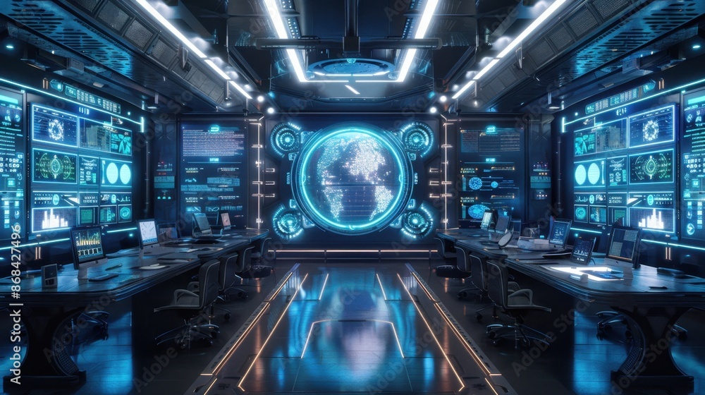 A futuristic war room with holographic displays and strategic planning, photorealistic, emphasizing coordination and technology. A futuristic war room with holographic displays and strategic planning, photorealistic, emphasizing coordination and technology.