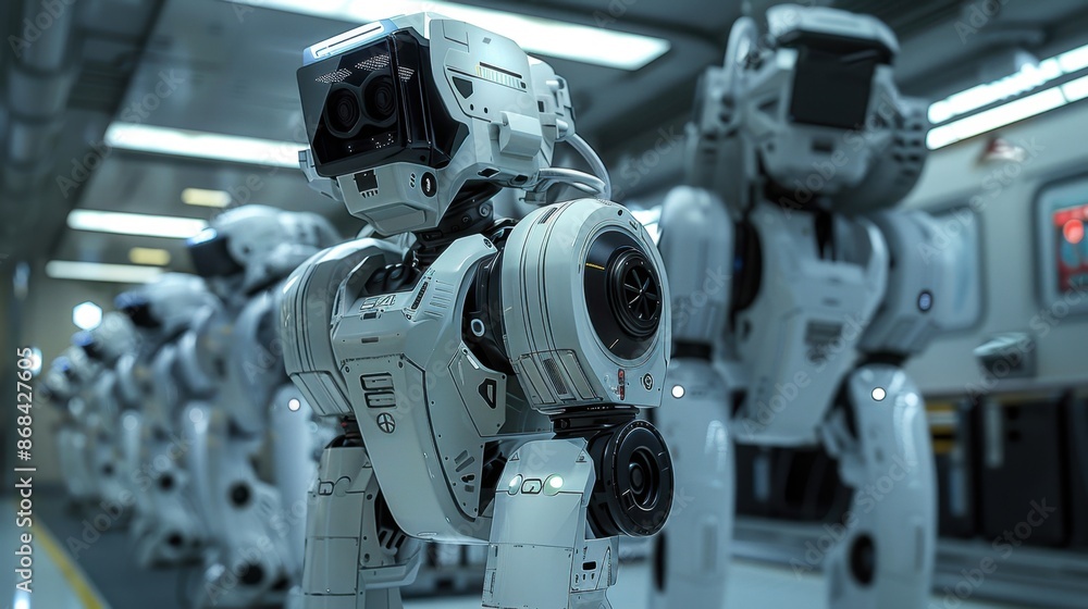 A cutting-edge military robotics lab with advanced prototypes, photorealistic, emphasizing innovation and future technology. A cutting-edge military robotics lab with advanced prototypes, photorealistic, emphasizing innovation and future technology.