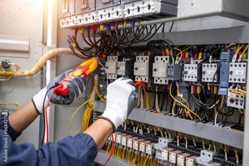 Foto Electricity and electrical maintenance service, Engineer hand holding AC voltmeter checking electric current voltage at circuit breaker terminal and cable
