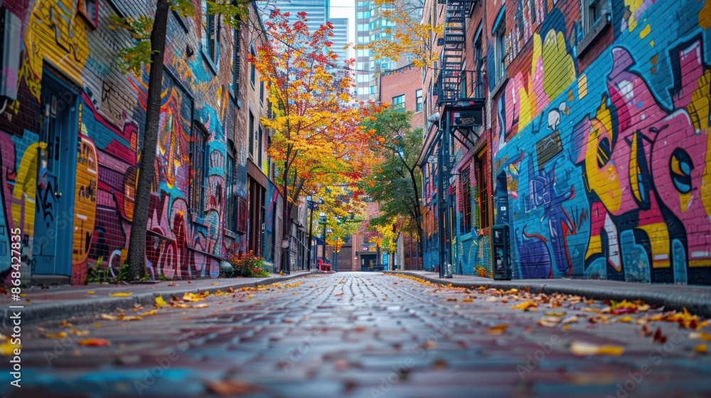 Naklejka premium A vibrant street art mural adding color and character to an urban alley, reflecting creativity and community