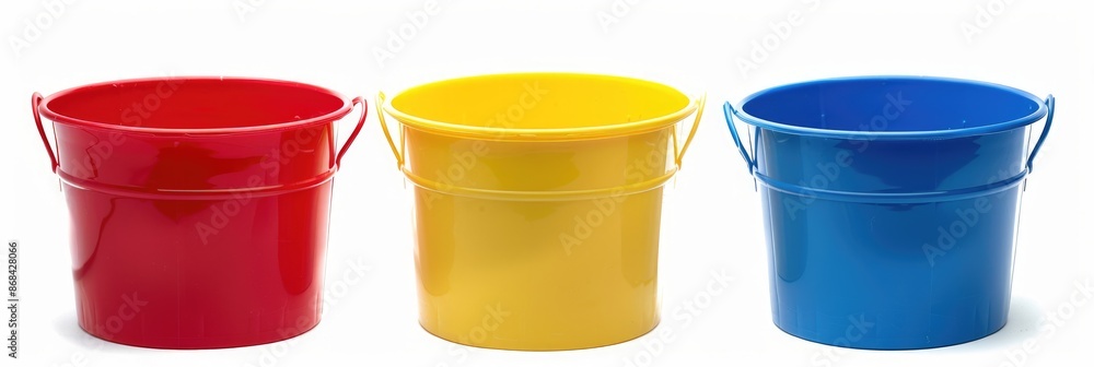 Empty Bucket. Set of Three Isolated Beach Buckets in Red, Yellow, and Blue Colors Empty Bucket. Set of Three Isolated Beach Buckets in Red, Yellow, and Blue Colors