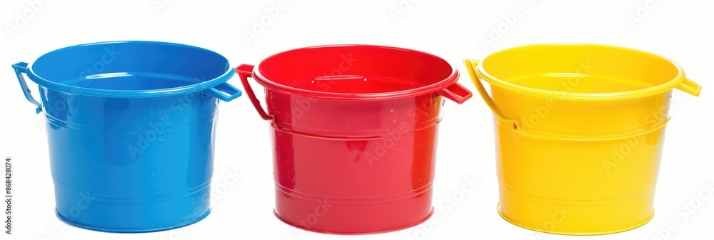 Empty Bucket. Three Beach Buckets in Red, Yellow, and Blue Color. Isolated Object for Toy Container Empty Bucket. Three Beach Buckets in Red, Yellow, and Blue Color. Isolated Object for Toy Container