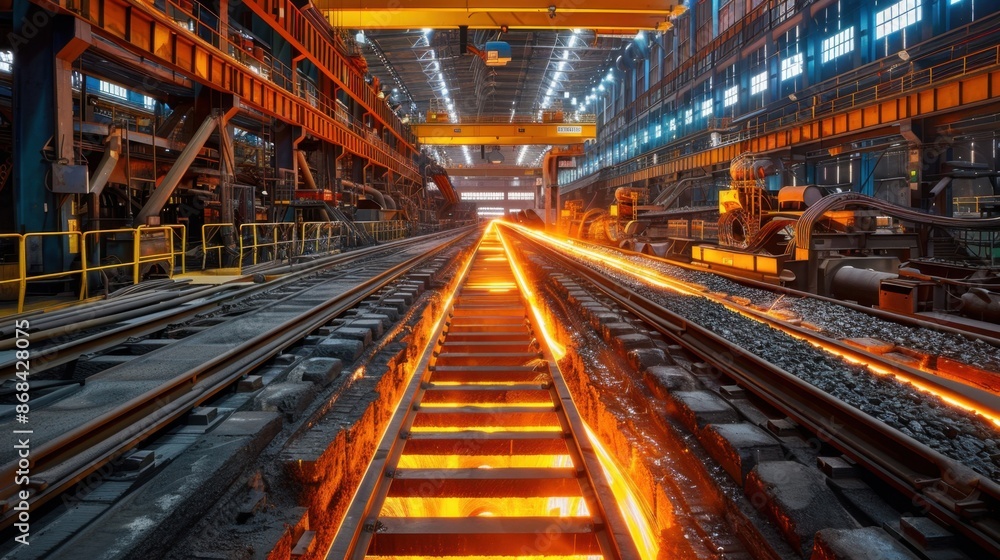 A dynamic illustration of energy-efficient steelmaking processes, photorealistic style, in a modern factory, highlighting sustainability and technology. A dynamic illustration of energy-efficient steelmaking processes, photorealistic style, in a modern factory, highlighting sustainability and technology.