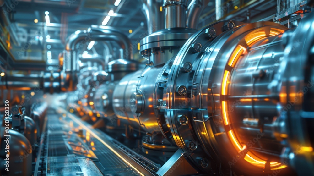 Fototapeta premium A futuristic depiction of a direct reduction plant using natural gas, sci-fi style, in a high-tech facility, showcasing clean and efficient processes.