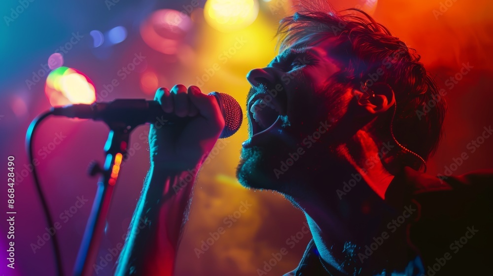 Energetic Man Singing Passionately at Karaoke Event with Colorful Stage Lights Energetic Man Singing Passionately at Karaoke Event with Colorful Stage Lights