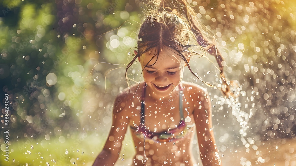 Obraz premium Funny laughing little girl running though garden sprinkler playing with water splashes in the backyard on a sunny hot summer vacation day.