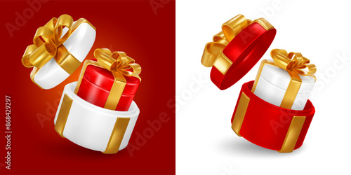 Giveaway, sale or win, birthday celebration or other event concept. 3d realistic open gift box, gift fly out from it, isolated on red and white background. Vector illustration