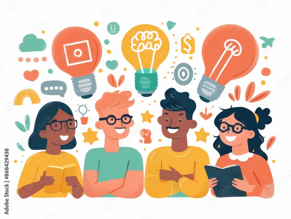 Diverse Group of Happy Students with Light Bulb Ideas and Books. Diverse Group of Happy Students with Light Bulb Ideas and Books.