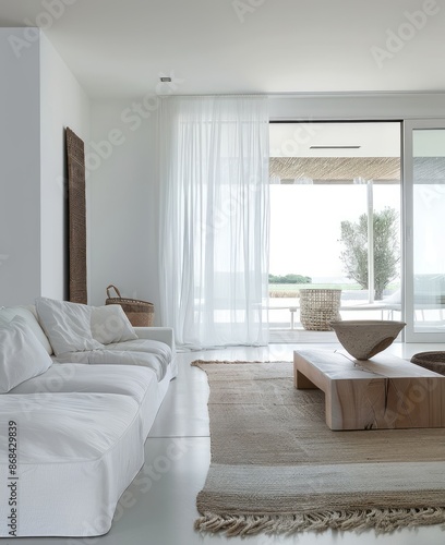 Minimalist interior with white wall, contemporary design, and glass elements