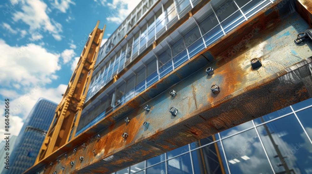 A realistic depiction of steel beams being used in construction, photorealistic style, on a skyscraper site, emphasizing strength and infrastructure. A realistic depiction of steel beams being used in construction, photorealistic style, on a skyscraper site, emphasizing strength and infrastructure.