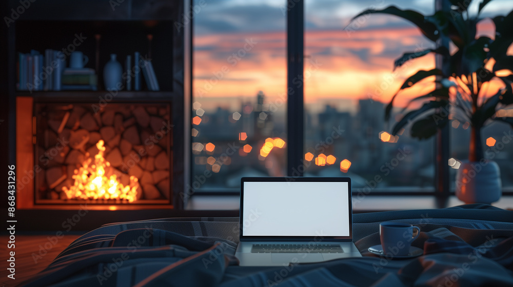 Obraz premium modern hotel interior fireplace with laptop with blank white screen on bed, cup of coffee, wide window and evening cityscape