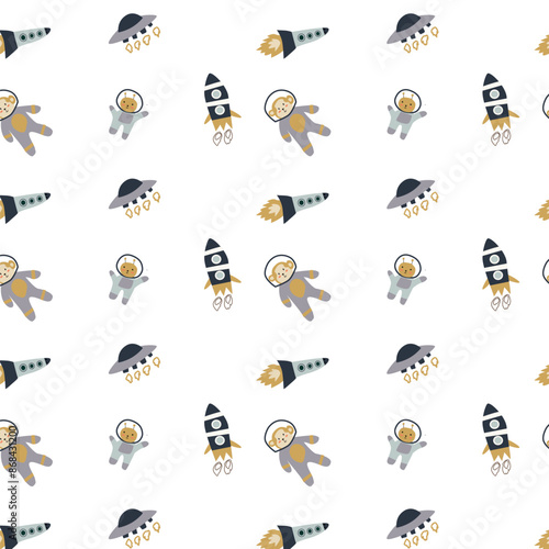Childrens adventure pattern with cute galaxy elements. Space animal characters endless background in scandinavian style. Hand drawn childish design for textile, nursery clothes, boys room wallpaper.