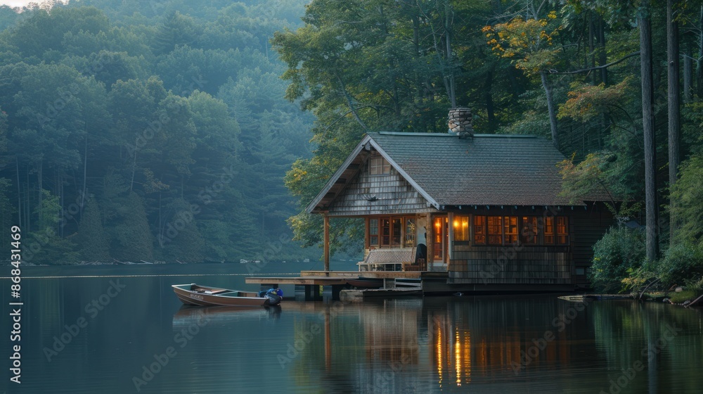 Fototapeta premium A serene lakeside cabin with a dock and boat, soft light daylight,