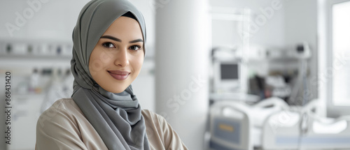 Muslim nurse woman. Portrait of female Muslim nurse wearing hijab in hospital ward