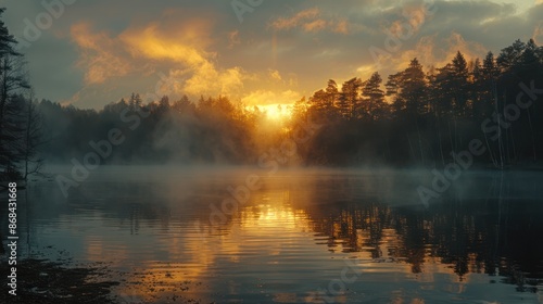 Fototapeta Naklejka Na Ścianę i Meble -  A serene lake at dawn, with mist rising from the water and the first light of day reflecting off the surface