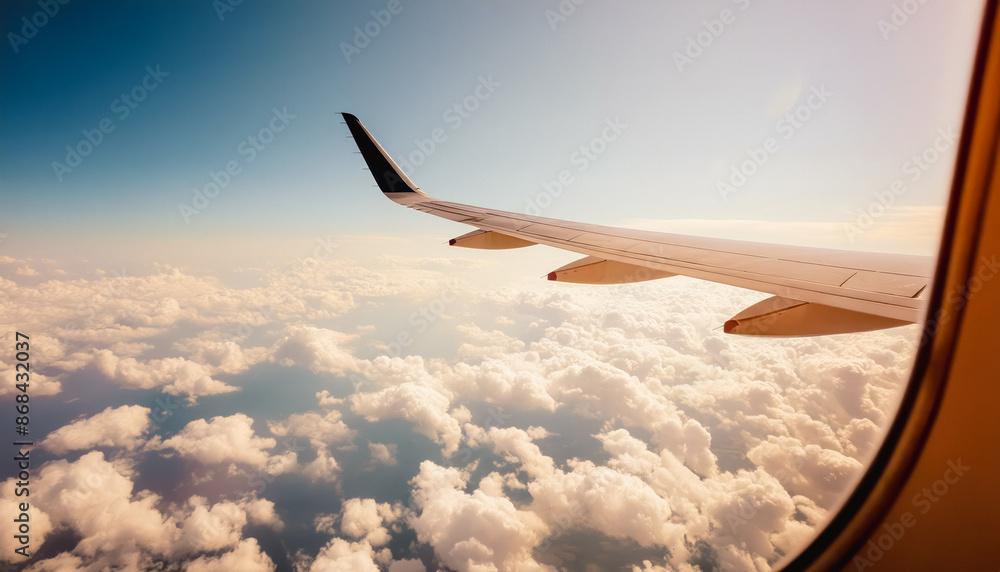 Obraz premium Traveling by plane. View of the wing and sky with clouds through the window. Concept of travel and airlines. Copy space.