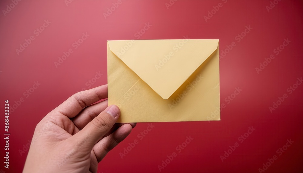 Fototapeta premium Hand holding a yellow envelope against a red background, symbolizing communication, mail, or messaging.