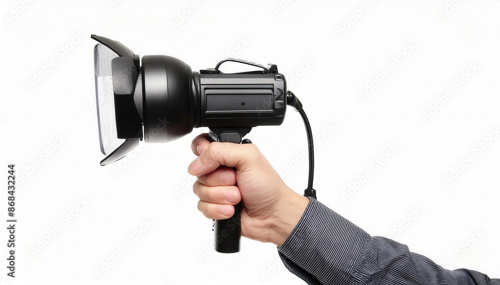 Hand holding professional studio flash strobe light for photography against white background, capturing lighting equipment detail. Hand holding professional studio flash strobe light for photography against white background, capturing lighting equipment detail.