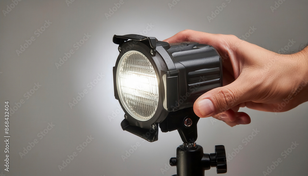 Close-up of a hand adjusting a black LED spotlight on a tripod against a grey background. Perfect for lighting or photography equipment themes. Close-up of a hand adjusting a black LED spotlight on a tripod against a grey background. Perfect for lighting or photography equipment themes.