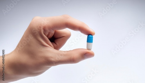 Close-up of a hand holding a blue and white capsule pill against a white background, emphasizing medication and health care.