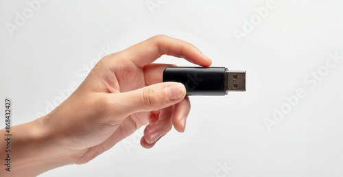 Close-up of a hand holding a USB flash drive against a white background, showcasing portable data storage for technology and business use.