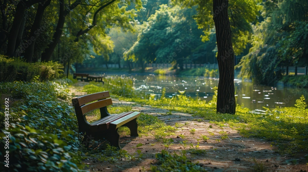 A peaceful riverside park with walking paths, benches, and lush greenery, offering a tranquil urban escape A peaceful riverside park with walking paths, benches, and lush greenery, offering a tranquil urban escape