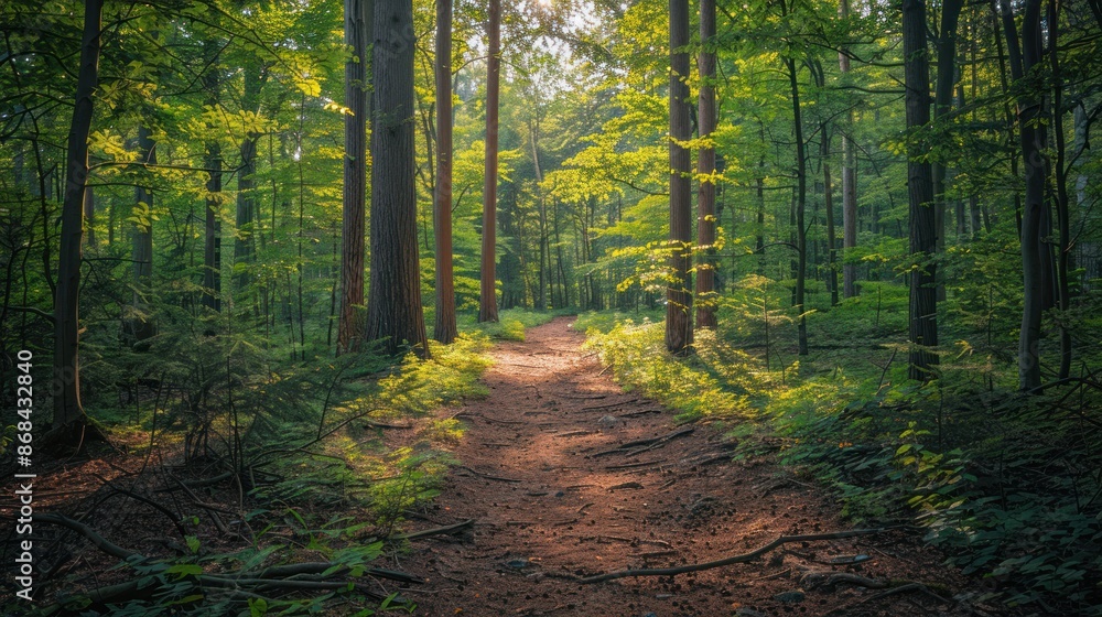 Fototapeta premium A peaceful hiking trail with tall trees, a dirt path, and sunlight filtering through the leaves