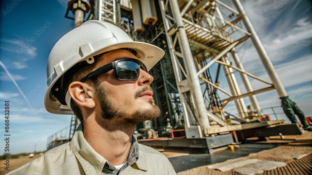 Engineer in hard hat and protective glasses working at an oil drilling rig site, focused on construction progress under a clear sky. Engineer in hard hat and protective glasses working at an oil drilling rig site, focused on construction progress under a clear sky.