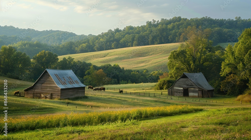 A peaceful countryside scene with rolling hills, rustic barns, and grazing animals, capturing the essence of rural life A peaceful countryside scene with rolling hills, rustic barns, and grazing animals, capturing the essence of rural life