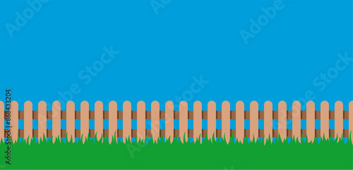 vector wooden fence, green grass and blue sky