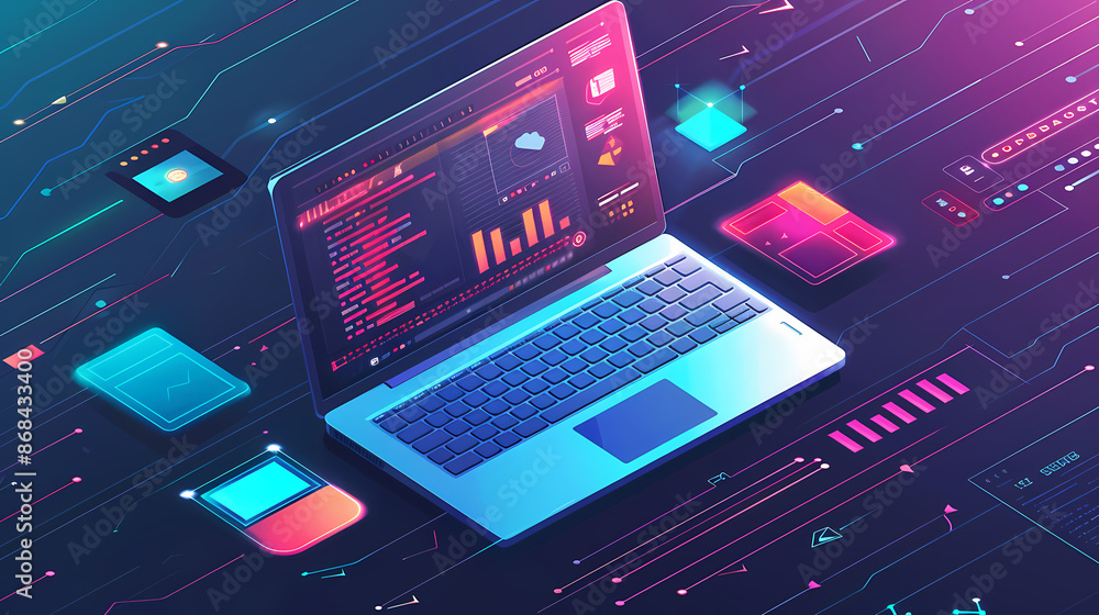 Laptop position in business analysis perspective, space for text, vector illustration Laptop position in business analysis perspective, space for text, vector illustration