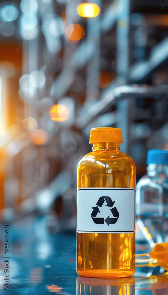 Close-up of a yellow bottle with a recycling symbol in a laboratory setting, symbolizing eco-friendly practices and waste management. Close-up of a yellow bottle with a recycling symbol in a laboratory setting, symbolizing eco-friendly practices and waste management.