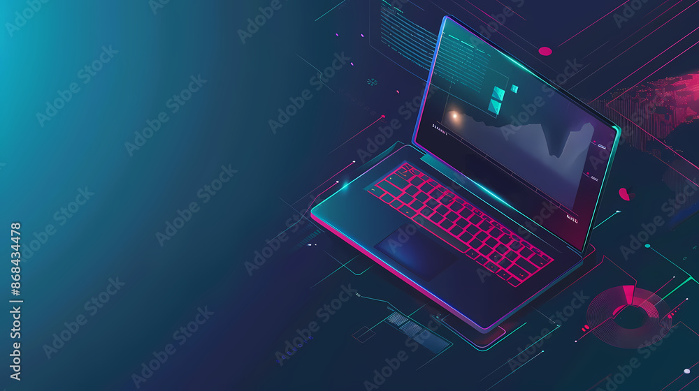 Laptop position in business analysis perspective, space for text, vector illustration Laptop position in business analysis perspective, space for text, vector illustration
