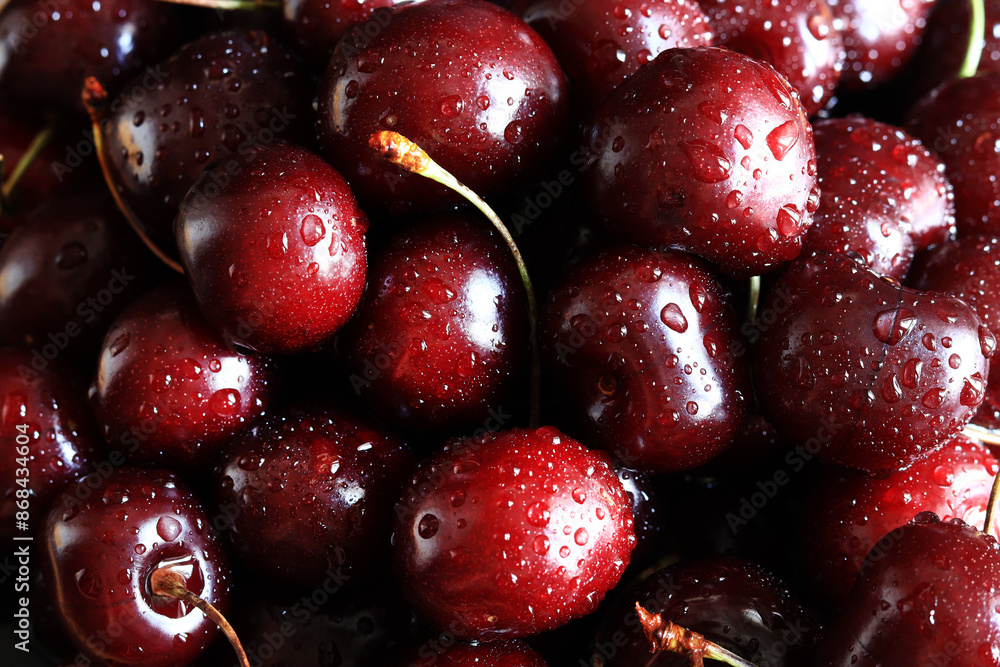 Cherry berries close-up. Wet sweet ripe cherries. Background. Dark red cherries with green stems covered with fine splashes of water. Summer berries, vitamins. Close-up of red berries Cherry berries close-up. Wet sweet ripe cherries. Background. Dark red cherries with green stems covered with fine splashes of water. Summer berries, vitamins. Close-up of red berries