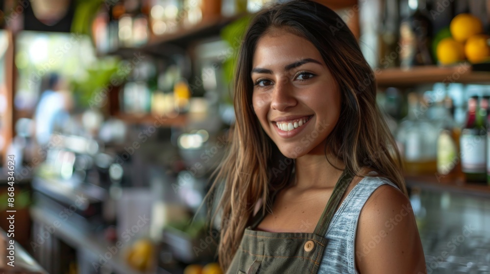 A cheerful young female bartender is smiling warmly in a cozy, well-stocked bar with various bottles and decorations in the background, creating a welcoming atmosphere. A cheerful young female bartender is smiling warmly in a cozy, well-stocked bar with various bottles and decorations in the background, creating a welcoming atmosphere.