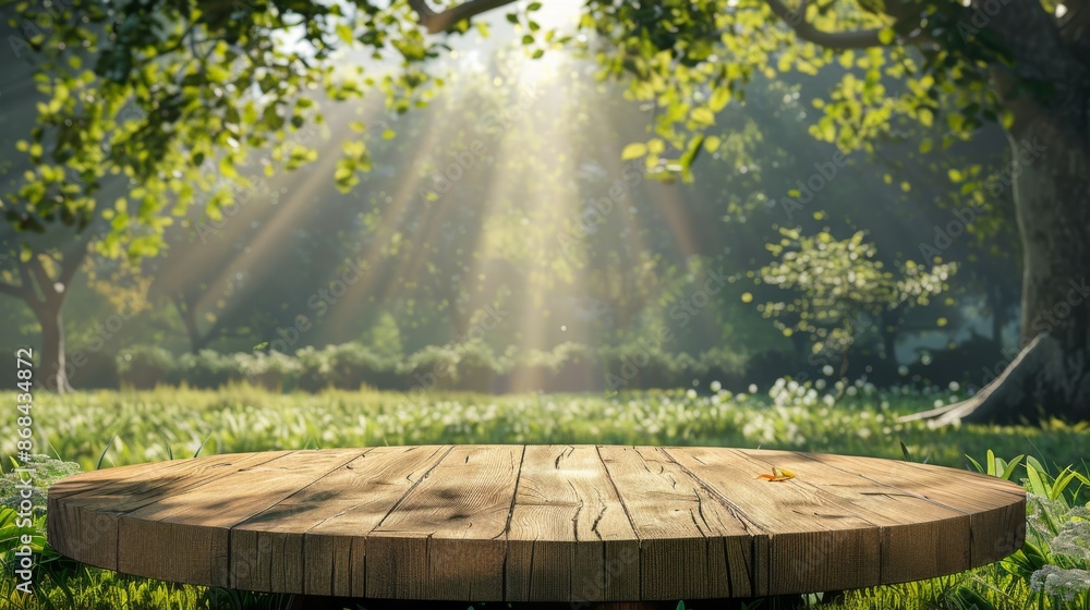 A peaceful, sunlit outdoor scene featuring a round wooden table set against a backdrop of a lush green forest, with soft morning light filtering through the trees. A peaceful, sunlit outdoor scene featuring a round wooden table set against a backdrop of a lush green forest, with soft morning light filtering through the trees.