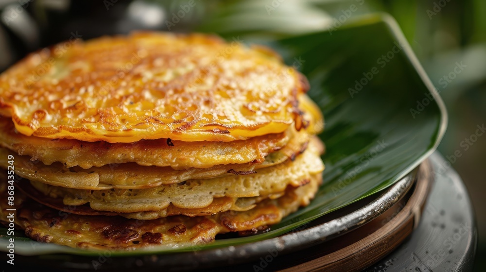 Close-up of a stack of crispy, golden pancakes served on a banana leaf, with a natural green background highlighting their texture. Close-up of a stack of crispy, golden pancakes served on a banana leaf, with a natural green background highlighting their texture.
