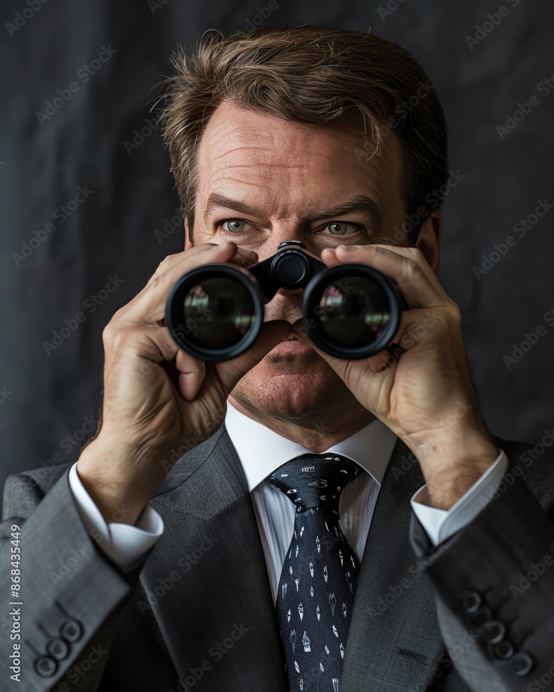 editorial photo of smiling businessman with light brown hair looking through binoculars straight at the camera, above waist shot showing upper torso and arms, editorial photo of smiling businessman with light brown hair looking through binoculars straight at the camera, above waist shot showing upper torso and arms,