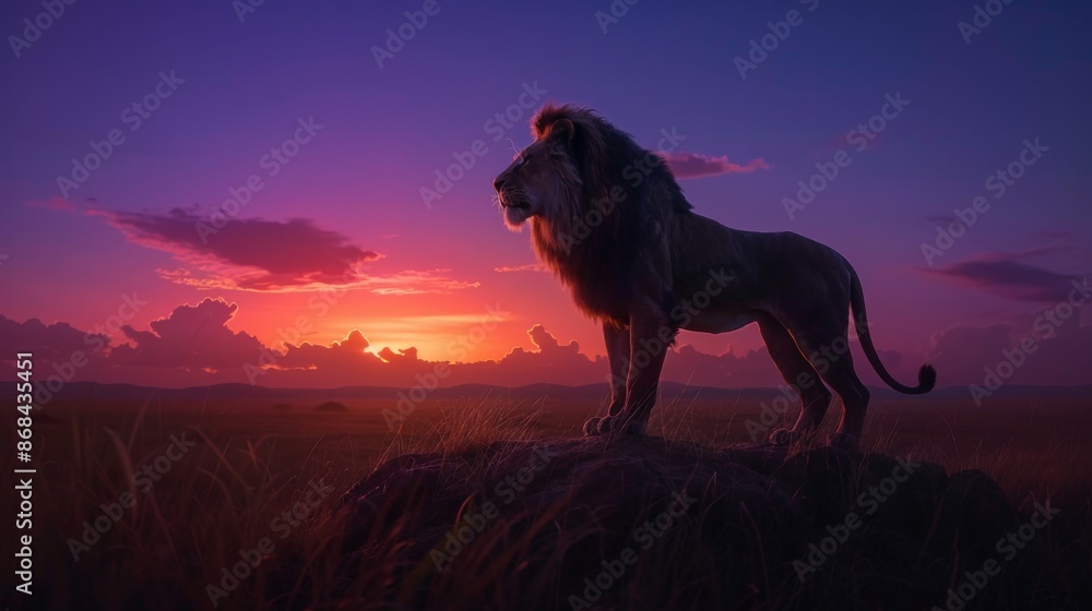 A Lion Is Standing on Top of a Rock in Front of the Setting Sun - Generative AI A Lion Is Standing on Top of a Rock in Front of the Setting Sun - Generative AI
