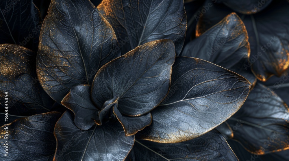 This image captures a detailed close-up view of dark leaves elegantly adorned with gold accents, showcasing a striking contrast and intricate leaf patterns under dramatic lighting. This image captures a detailed close-up view of dark leaves elegantly adorned with gold accents, showcasing a striking contrast and intricate leaf patterns under dramatic lighting.