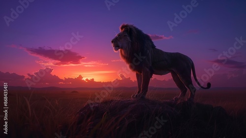 A Lion Is Standing on Top of a Rock in Front of the Setting Sun - Generative AI © Zeynep
