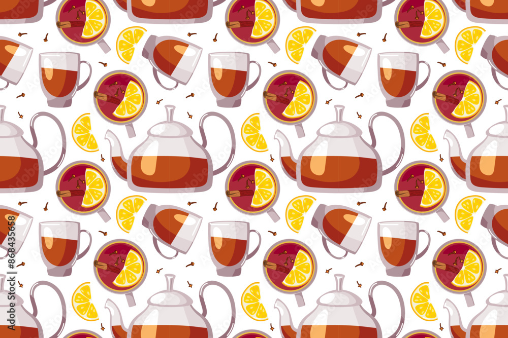 Seamless tea pattern. Teapot and cup with lemon. Healthy tea seamless pattern. Lemon tea cup seamless pattern. Repeated Colorful Vector background for menu, recipes, wallpaper, packaging, textile. Seamless tea pattern. Teapot and cup with lemon. Healthy tea seamless pattern. Lemon tea cup seamless pattern. Repeated Colorful Vector background for menu, recipes, wallpaper, packaging, textile.