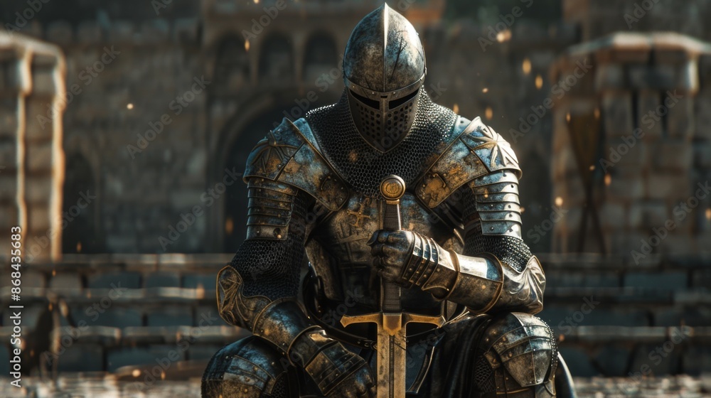 A medieval knight dressed in intricate, battle-worn armor sits solemnly with his sword resting on the ground, set against the backdrop of an old stone fortress. A medieval knight dressed in intricate, battle-worn armor sits solemnly with his sword resting on the ground, set against the backdrop of an old stone fortress.