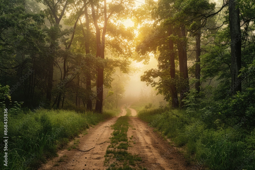 Obraz premium Foggy Trail Through Oak Forest at Sunrise: A Mysterious Path in Nature