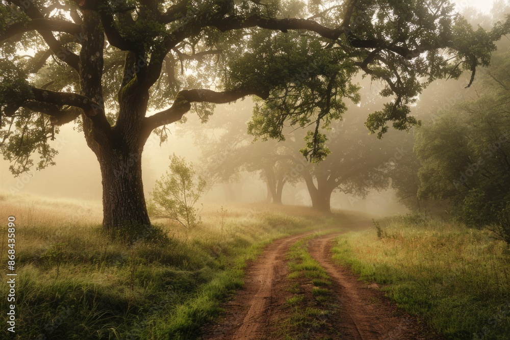 Foggy Trail. Sunrise in Timberland Forest with Misty Path through Oak Trees Foggy Trail. Sunrise in Timberland Forest with Misty Path through Oak Trees