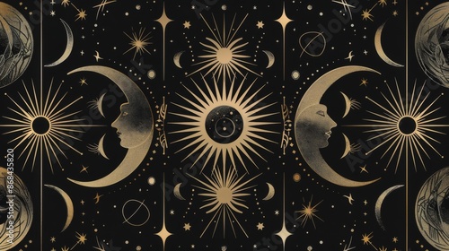 An artwork depicting celestial themes featuring detailed representations of the sun and moon with human faces, surrounded by stars and other cosmic elements.