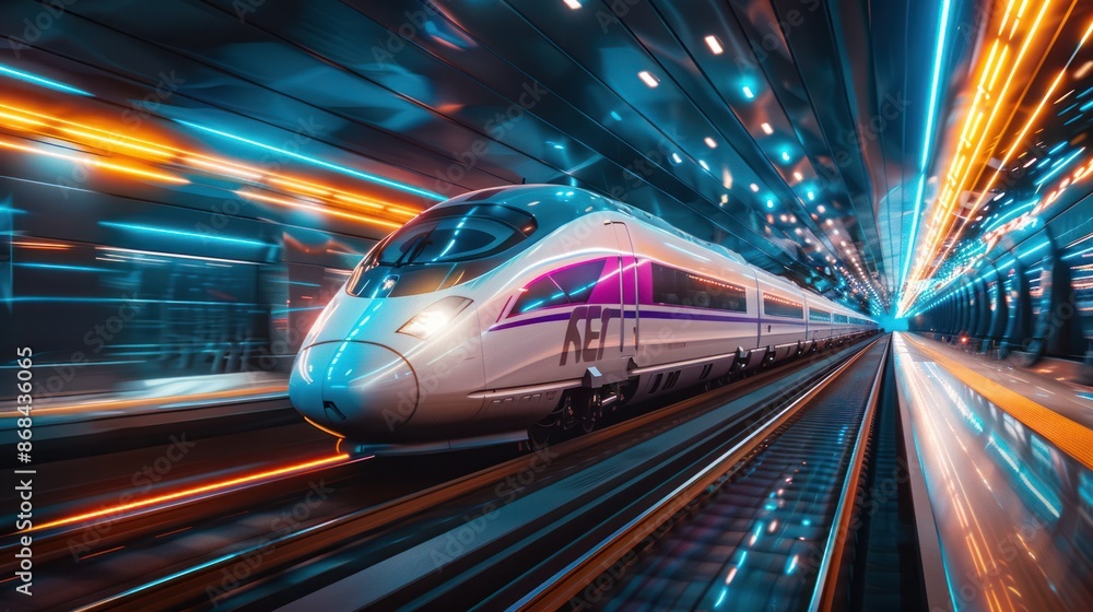 A high-speed bullet train traveling through a futuristic landscape A high-speed bullet train traveling through a futuristic landscape